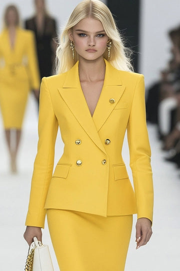 Żółta 2-częściowa dwurzędowa mini sukienka do pracy Bodycon Peak Lapel